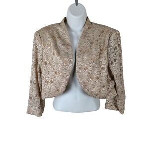 R&M Richards Womens Size 18 Taupe Floral Lace Sequin Cropped Bolero Jacket